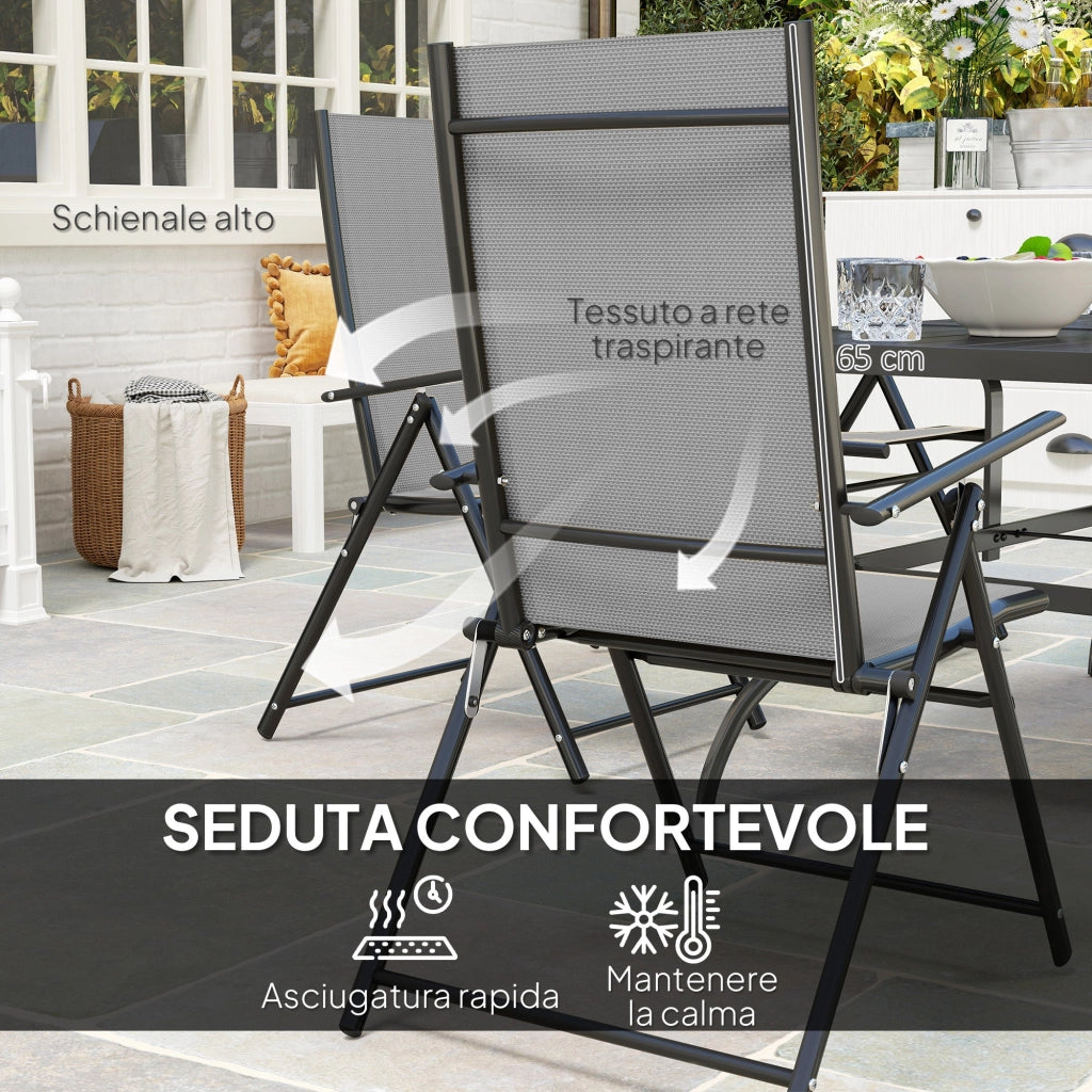 Set Salotto da Giardino 7 Pezzi con Tavolo da Pranzo con Foro per Ombrellone e 6 Sedie Pieghevoli Grigio