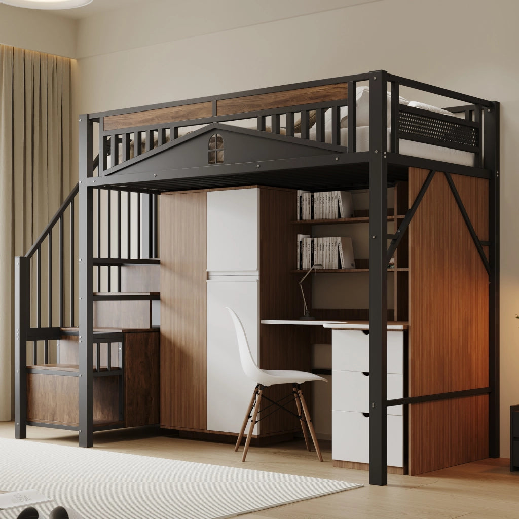Letto a soppalco in metallo con scala contenitore; protezione a finestra e spazio sotto il letto; nero; 90x200 cm; senza materasso