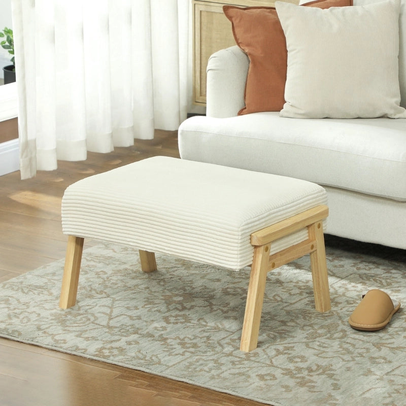 Poggiapiedi con morbido cuscino di seduta, gambe in legno, effetto velluto a coste, bianco crema