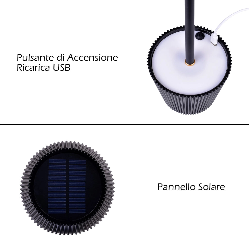 LAMAPADA DA TAVOLO LED NERA CON PARALUME PLISSETTATO RICARICA SOLARE E USB - 3 MODALITA' DI ILLUMINAZIONE REGOLABILI SENSORE CREPUSCOLARE DESIGN MODERNO