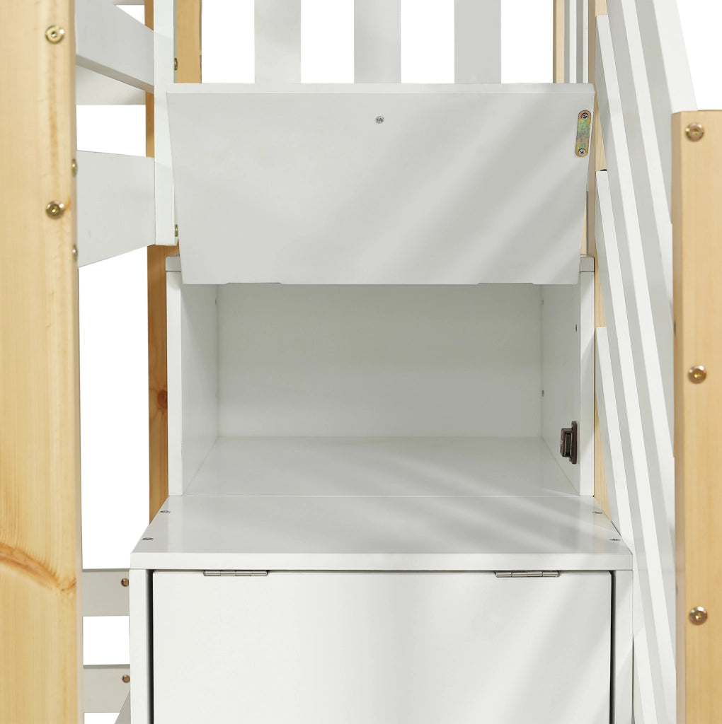 Letto a castello a casetta con scala contenitore, sponde di sicurezza e design con finestre