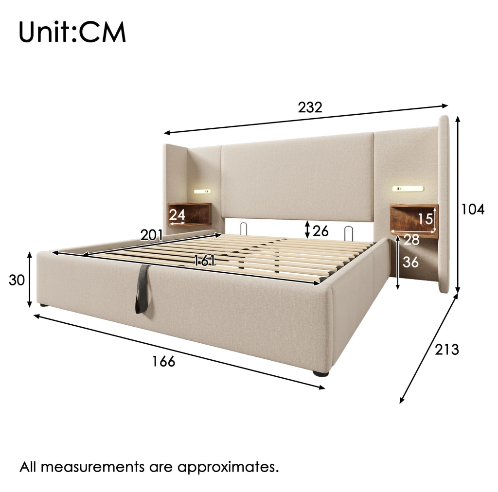 Letto imbottito 160x200 cm con contenitore; luce da lettura e ricarica USB Type-C in lino beige