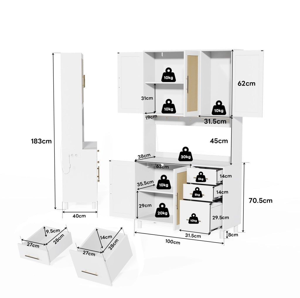 Credenza con luci LED; prese USB e prese elettriche in MDF bianco