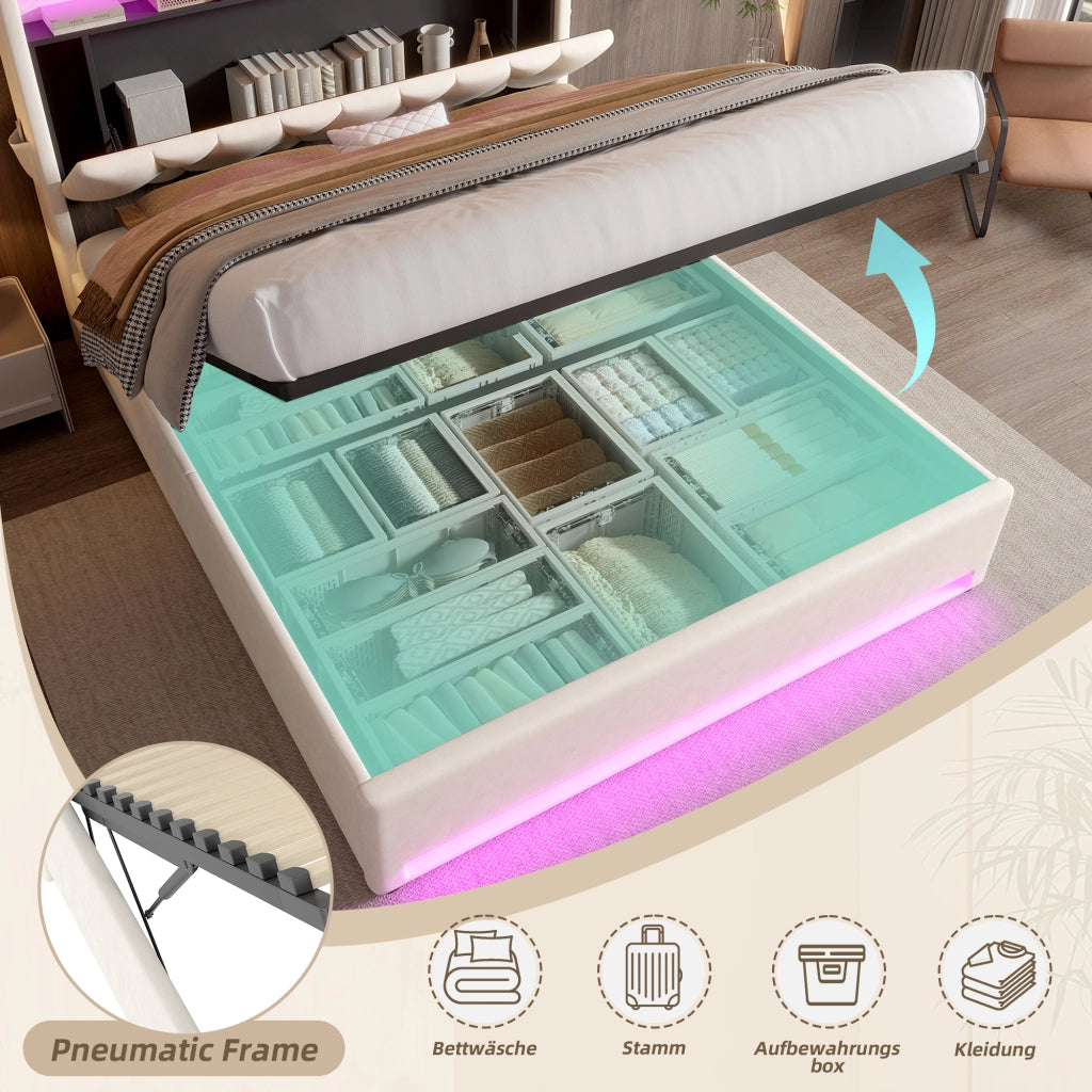 Letto Contenitore 160x200 cm con LED; USB e Type-C; Ripiano Testiera; Beige