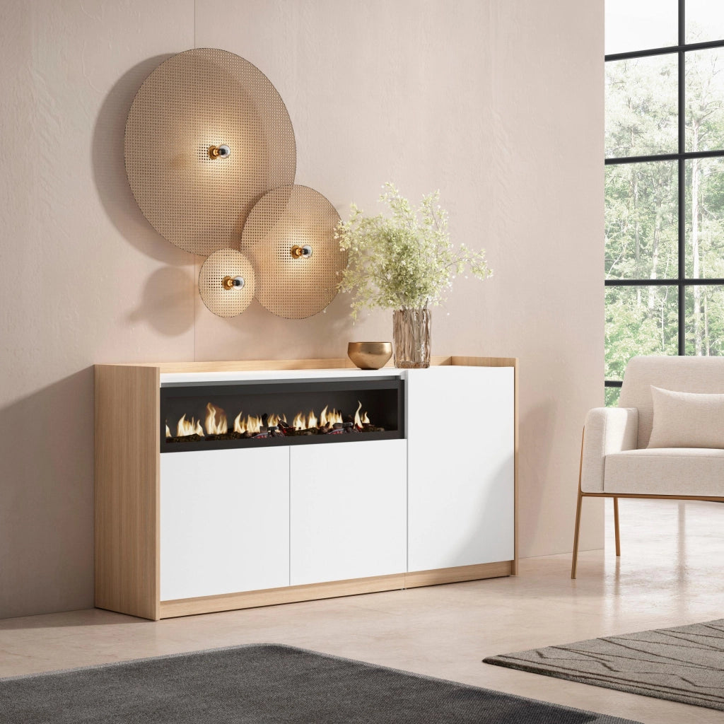 Credenza, Mobile, Cucina, 156x80x37 cm, 3 Porte, Camino elettrico, Bianco e Rovere soft
