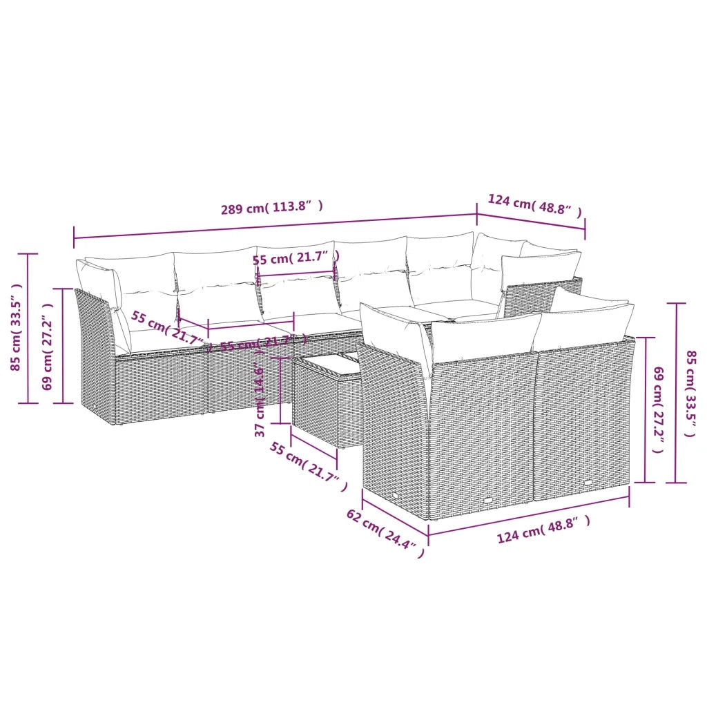 Set Divani da Giardino 9 pz con Cuscini Nero in Polyrattan