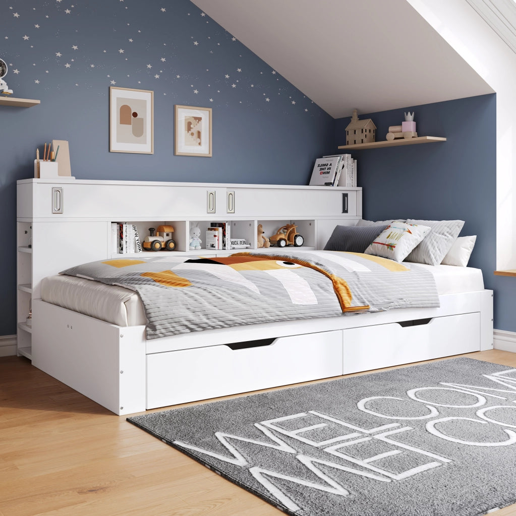 Letto 140x190 cm con cassetti e armadi in MDF bianco