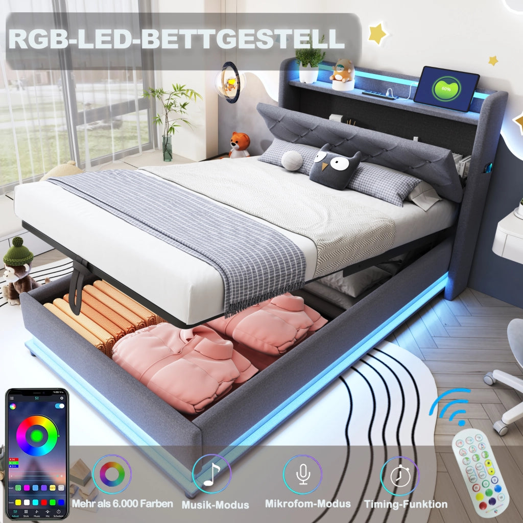 LETTO imbottito 90x200 cm con luci LED, porte USB e vano, grigio