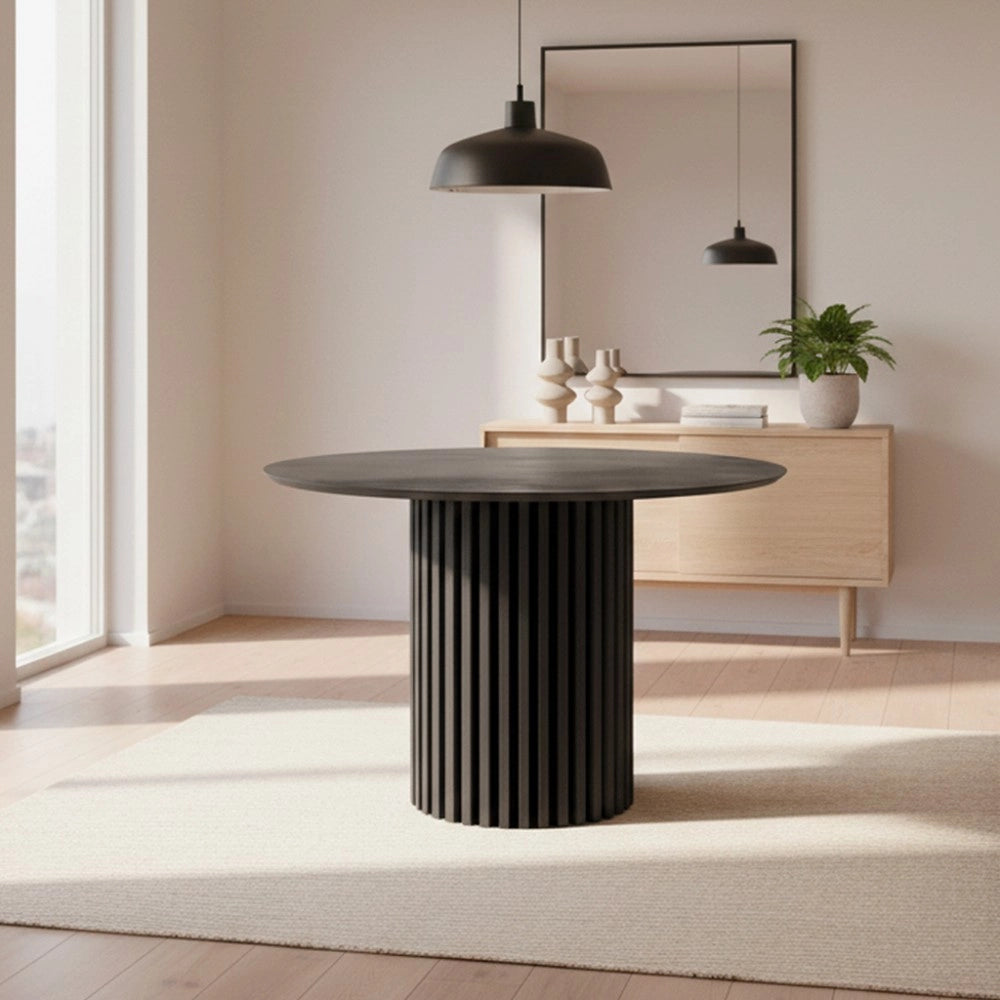 Tavolo rotondo Olympus piano effetto marmo grigio opaco e base cannettata nera 110x110x76