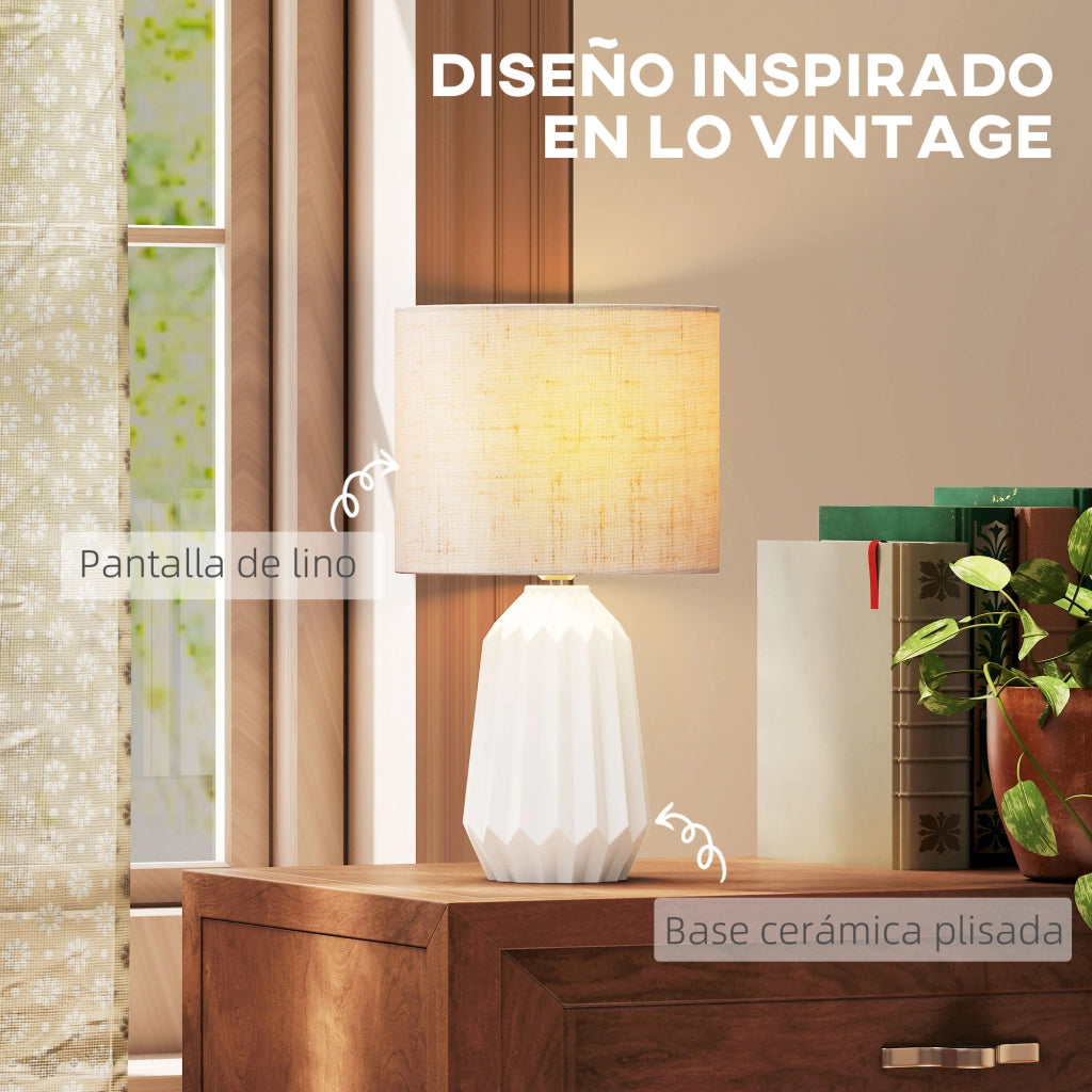 Lampada da Tavolo Retro in Ceramica e Lino ¨C zephmum ¨C 40W Bianco e Beige