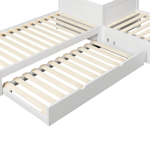 Letto singolo con letto estraibile 90x200 cm LEMONMAX, contenitore con ante scorrevoli e LED, salvaspazio per cameretta, pino e MDF, bianco