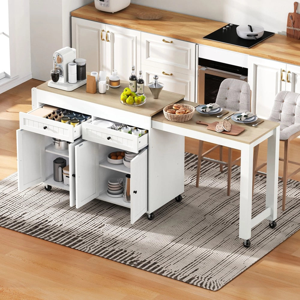 Isola Cucina su Ruote Allungabile con Piano e Cassetti ¨C Xylo ¨C Bianco/Naturale