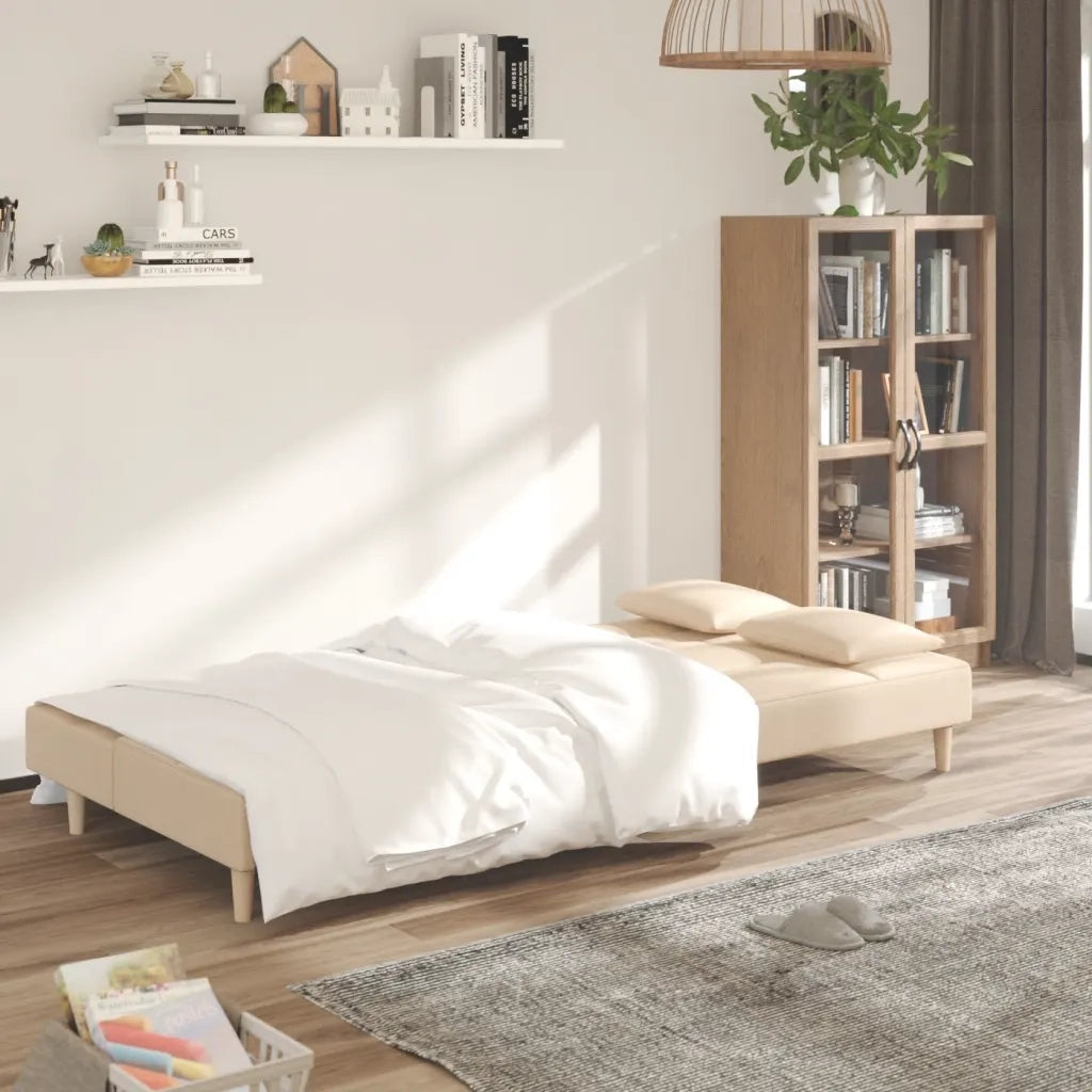 Divano Letto a 2 Posti con 2 Cuscini Crema in Tessuto 375795