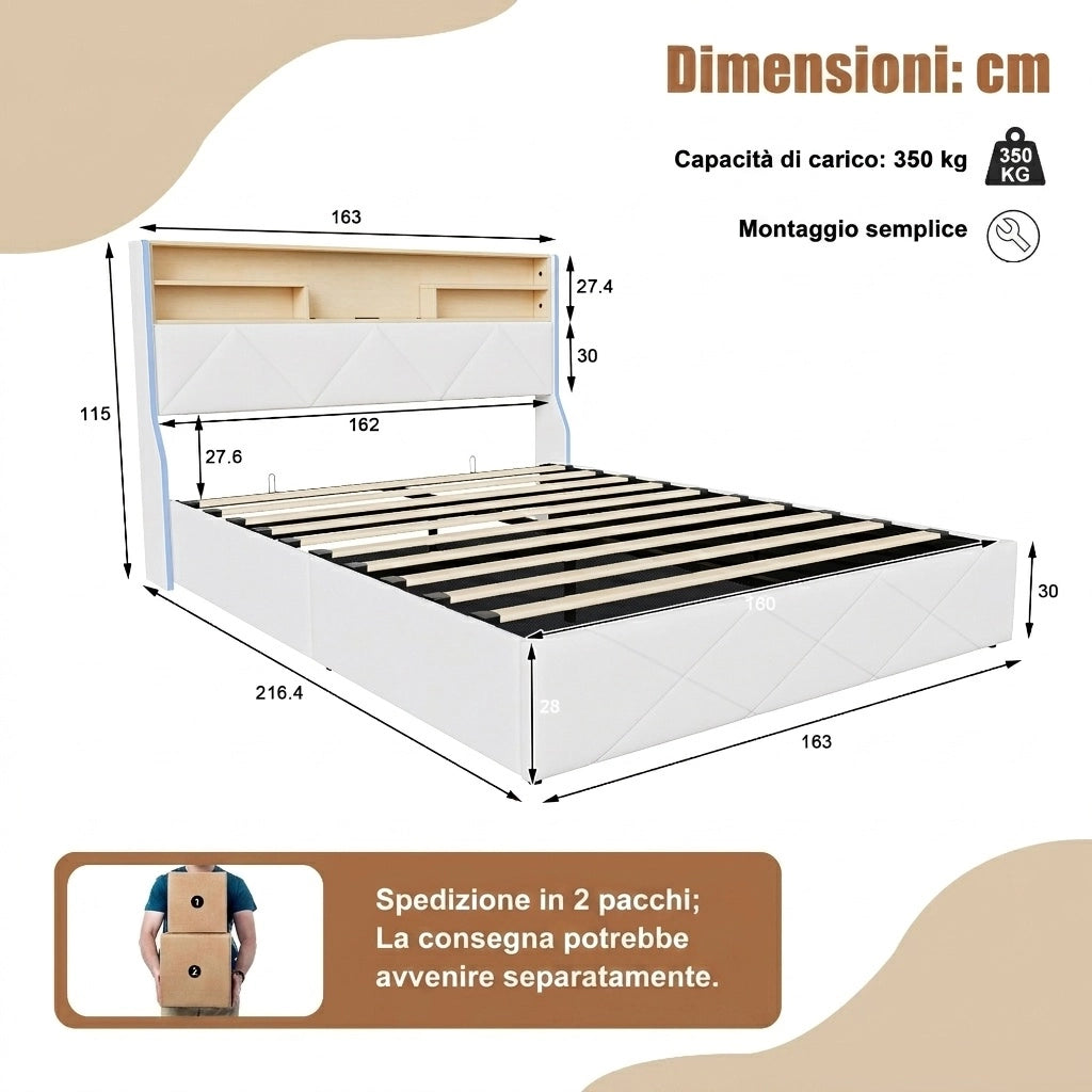 Letto matrimoniale 160x200 cm con contenitore LED USB Type-C testiera rete a doghe struttura letto metallo legno PU -bianco