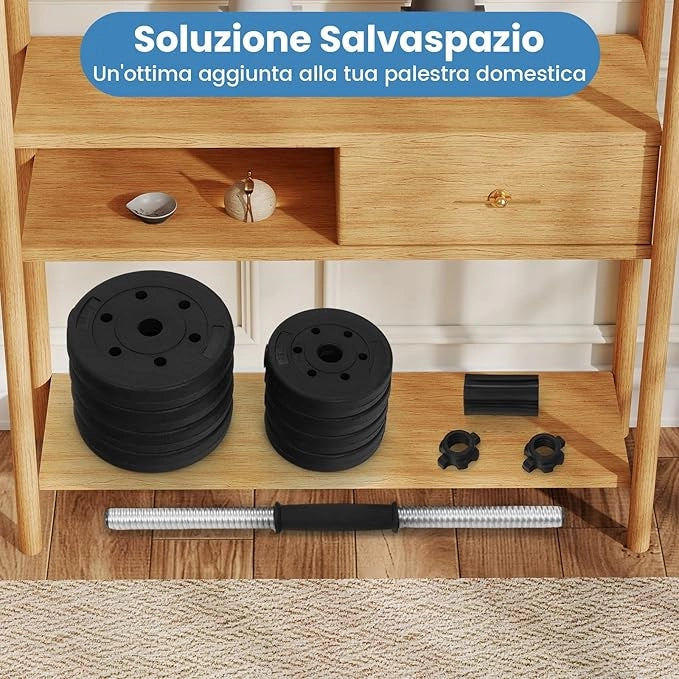 Set di Manubri Regolabili da 2 Pezzi, Peso Totale 30 Kg, Bilanciere da Palestra con Barra di Collegamento e Copertura Protettiva in Gomma, Attrezzature per Allenamento a Casa