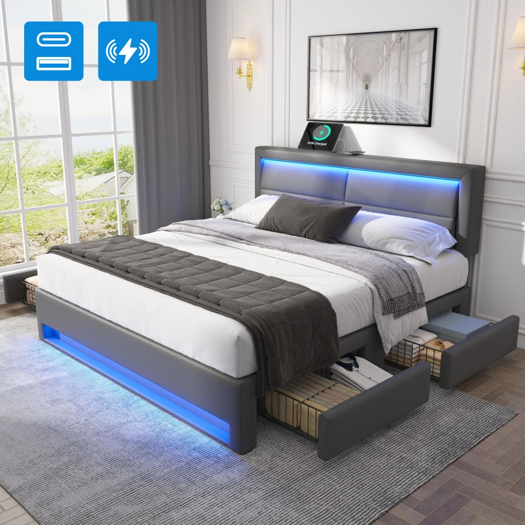 LETTO imbottito 140x190 cm in PU grigio con USB, LED e 4 cassetti