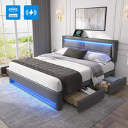 LETTO imbottito 140x190 cm in PU grigio con USB, LED e 4 cassetti