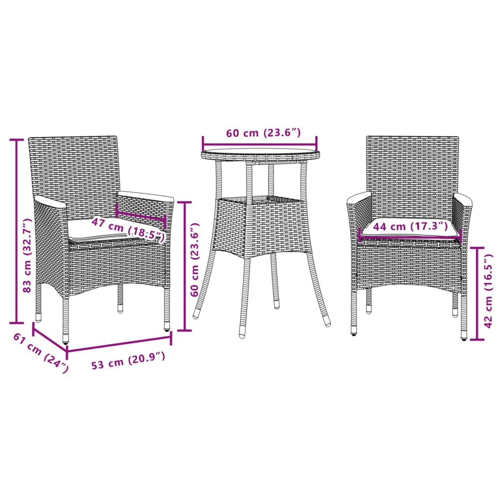 Set da Pranzo da Giardino 3 pz | Set Salotto da Giardino con Cuscini Polyrattan e Vetro