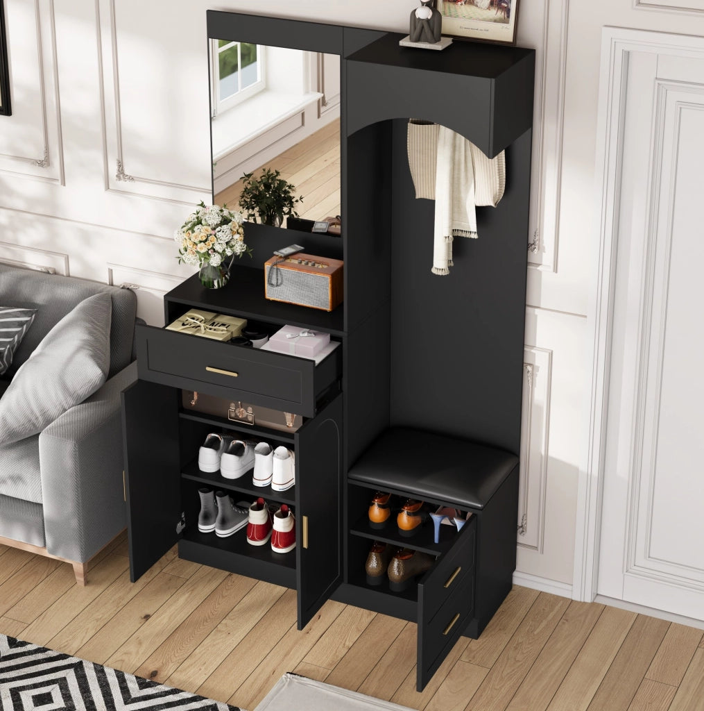 Guardaroba da ingresso 110x33x185.5 cm con scarpiera; specchio e panca nero