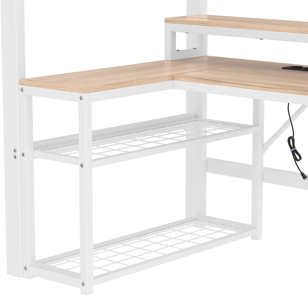 Letto a soppalco 90x200 cm con scrivania, LED e USB, struttura in metallo bianca