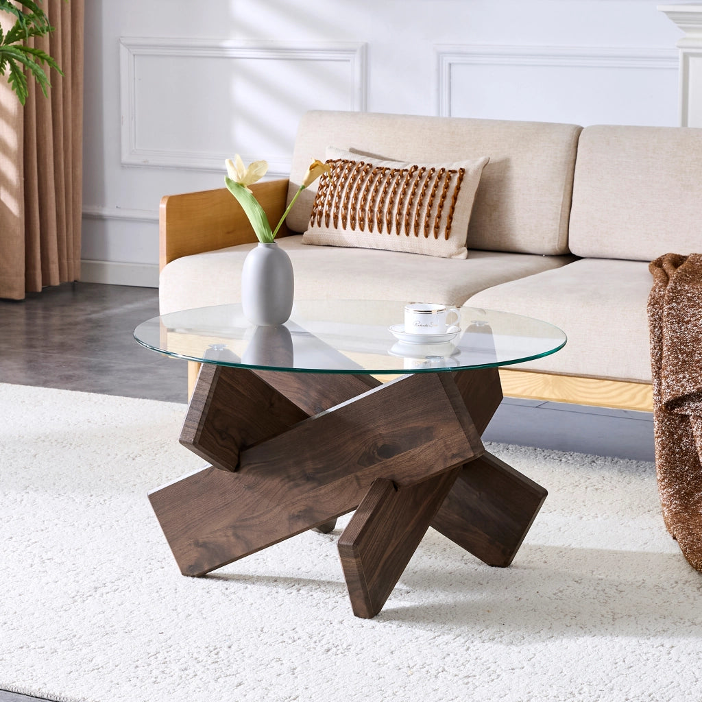 Tavolino rotondo in MDF e vetro multicolore opzionale: gambe di supporto in legno di noce scuro, semplici ed eleganti. Diametro 79 cm, piano in vetro
