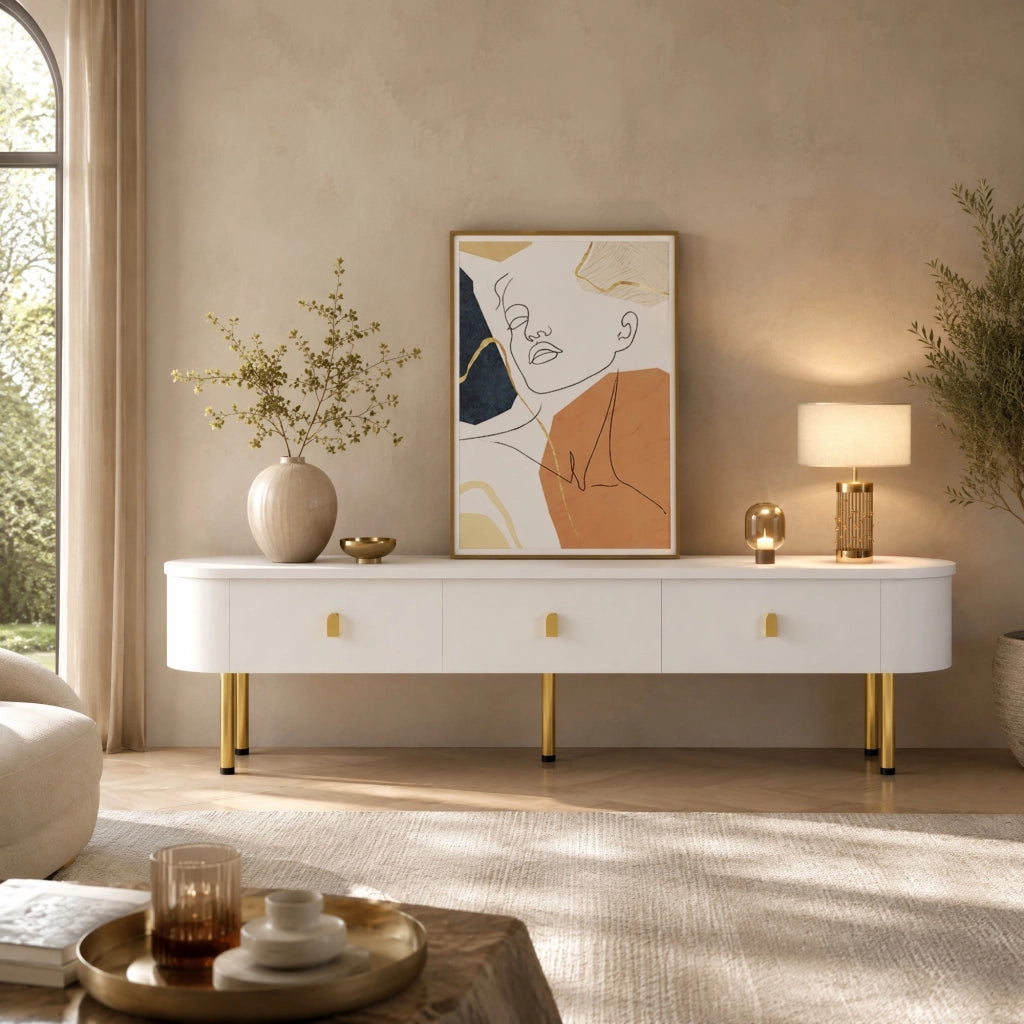 MOBILE TV con 3 cassetti 174x35x41 cm MDF Bianco e Oro