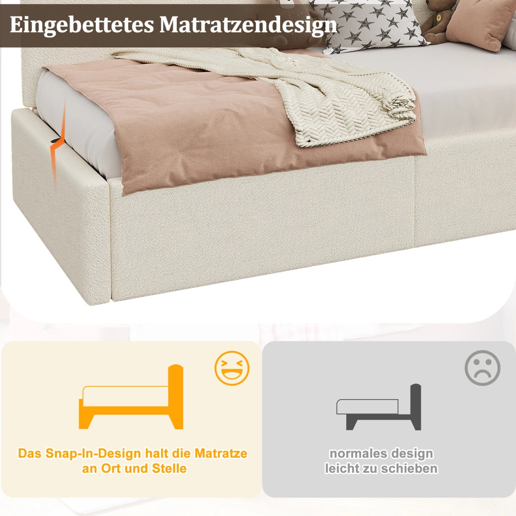 LETTO Contenitore idraulico 90x200 cm Beige Bouclé con lampada e USB