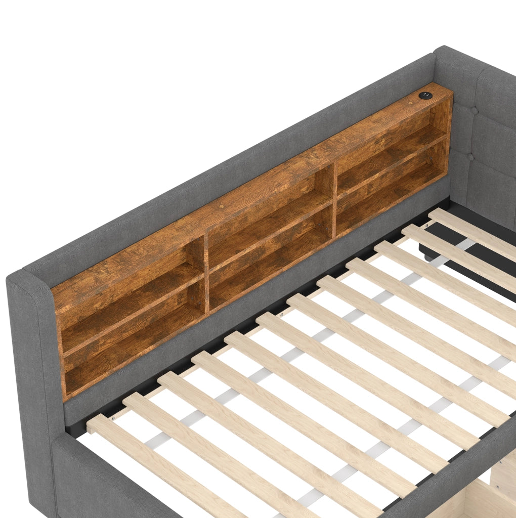 Letto 90x200 cm con 2 cassetti e USB; Type C in lino