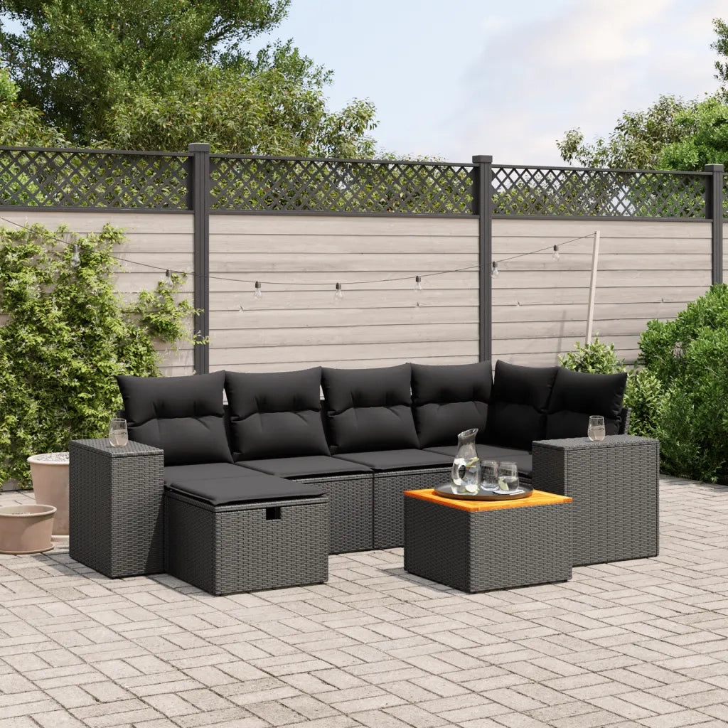 Set Divani da Giardino con Cuscini 7pz Nero Polyrattan