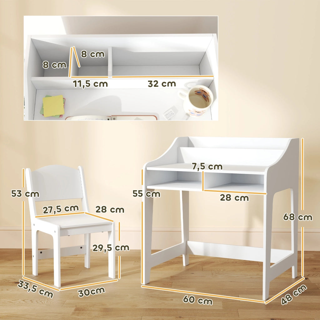 Set scrivania e sedia per bambini 3-8 anni con cassetti e scaffale ¨C Xylo ¨C bianco