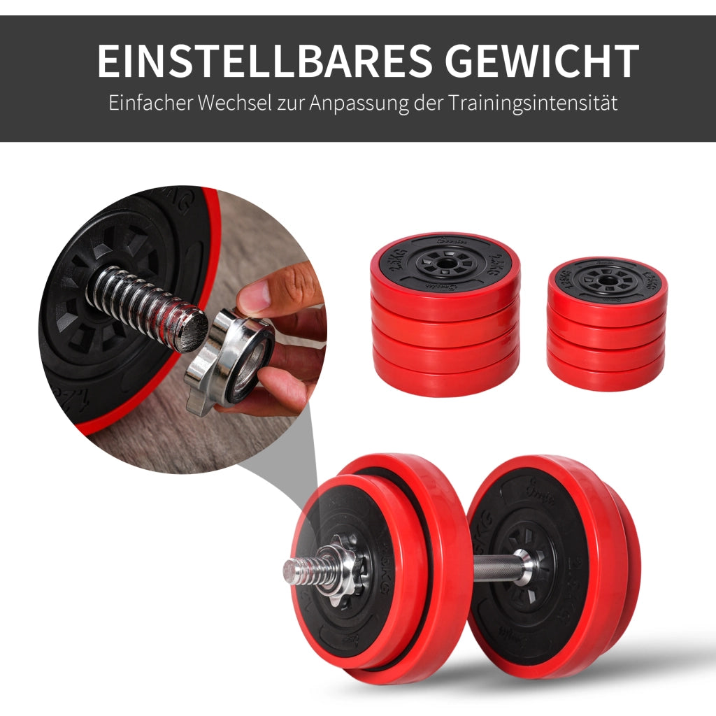 Set di manubri da 20 kg, 2 in 1, regolabili, con bilanciere e manubri, colore rosso e nero, per allenamento muscolare e fitness a casa. Dimensioni: