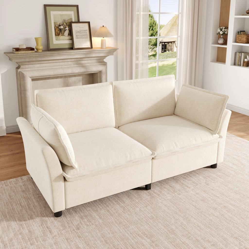 Sofa 2 posti in Chenille Beige, design moderno, 2 cuscini bracciolo, montaggio semplice