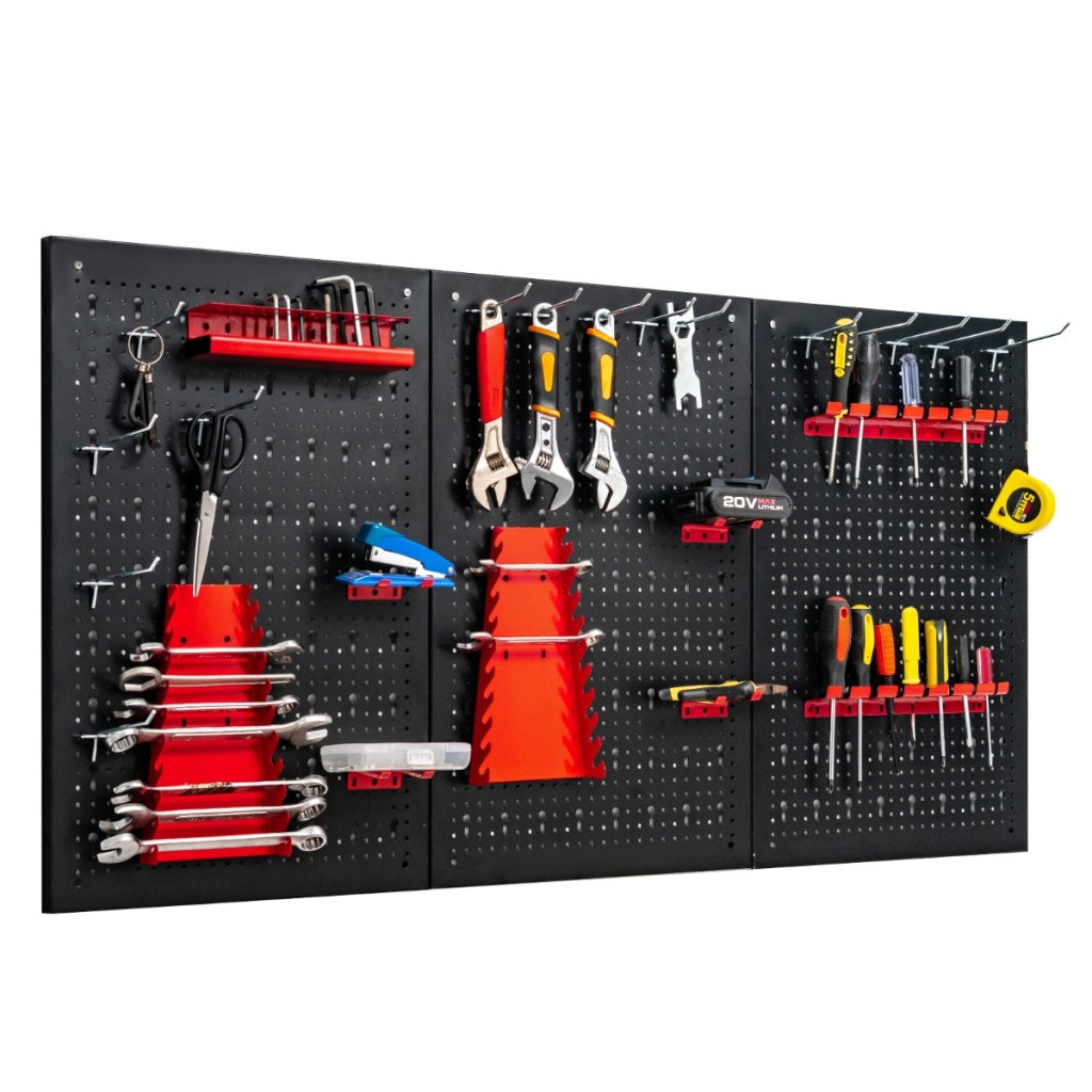 Organizer da parete in metallo con 3 pannelli forati 25 accessori, Kit per la conservazione degli attrezzi