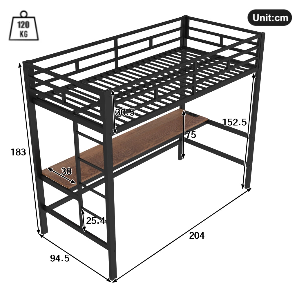 OKWISH Letto a Soppalco 90×200 cm, Letto Singolo con Scrivania, USB, Tipo-C, Presa e LED Regolabile, senza Materasso, Metallo, Nero
