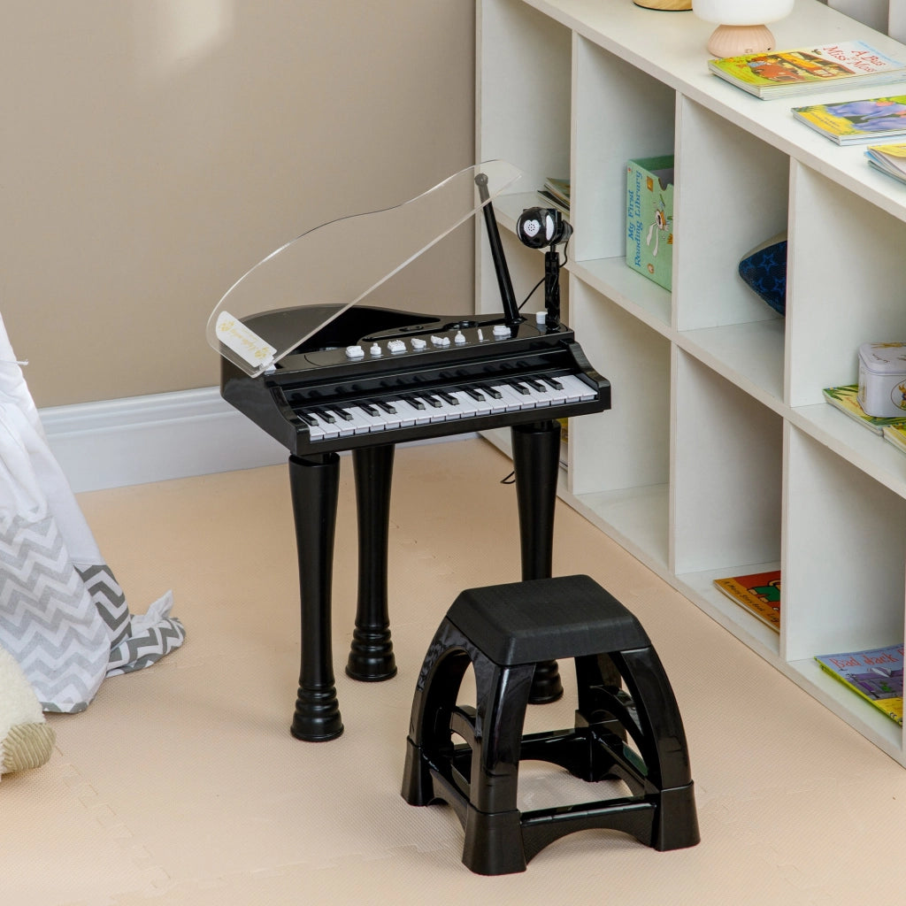 Pianoforte Bambini 32 Tasti con Microfono Sgabello Luci 22 Canzoni ¨C Xylo ¨C Nero 37x30,5x60,4 cm