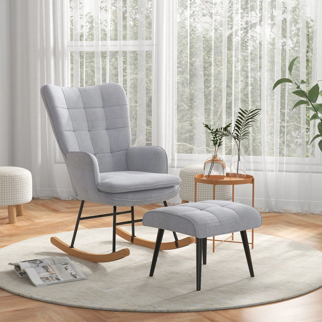 Poltrona Dondolo con Pouf ¨C Minimal ¨C Grigio, Legno, Tessuto, 64x89x90 cm