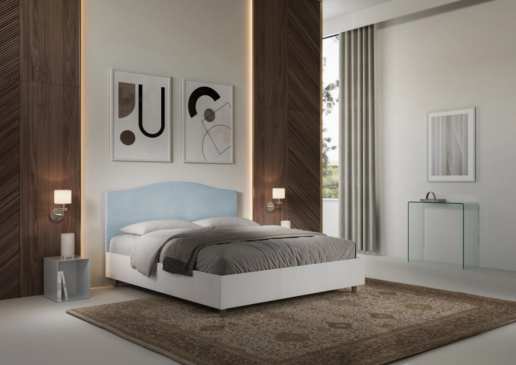 BS COM Letto matrimoniale con rete 160x200 bianco frassino testata microfibra azzurro