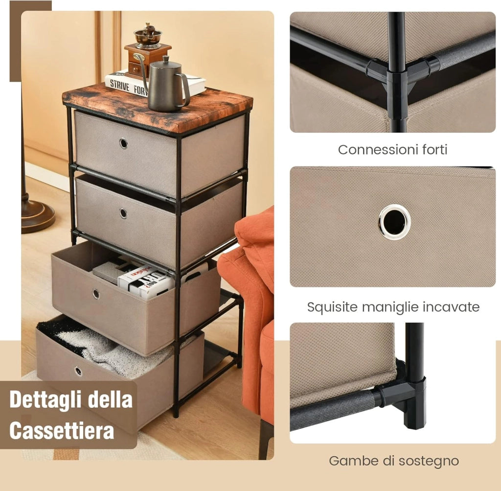 Cassettiera in Tessuto, Mobile con 4 Cassetti e Struttura Robusta in Metallo, Mobiletto Salvaspazio per Camera da Letto, Corridoio, Ingresso e Armadio, 42 x 33,5 x 84,5 cm (Marrone)