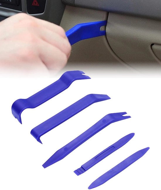 Kit di riparazione 5-in-1 per interni di auto, strumento di smontaggio, strumento di torsione in plastica, strumento di rivestimento per auto, strumento di rivestimento per porte, rimuovitore di clip di fissaggio per il ripristino di interni di auto.
