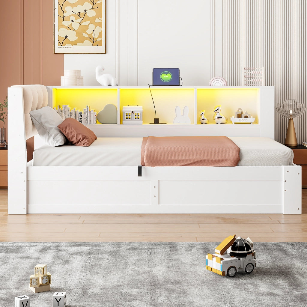 LETTO Contenitore laterale 90x200 cm Bianco con USB e LED