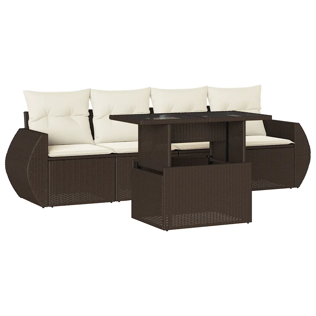 Set Divano da Giardino 5 pz con Cuscini Marrone in Polyrattan