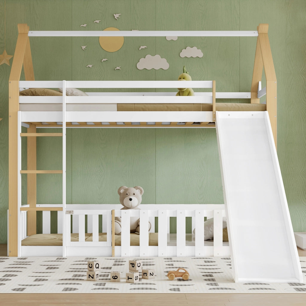 Letto a castello bambino 90×200 cm con scivolo; tetto e spazio libero; senza materasso; bianco naturale