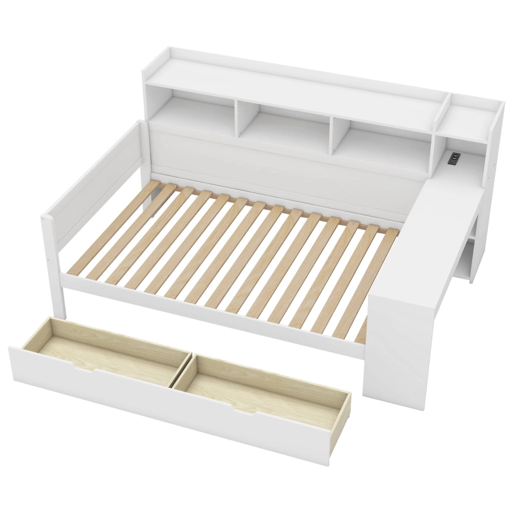 Letto singolo 90×200 cm con scrivania; 2 cassetti; prese USB e vano portaoggetti; senza materasso; bianco