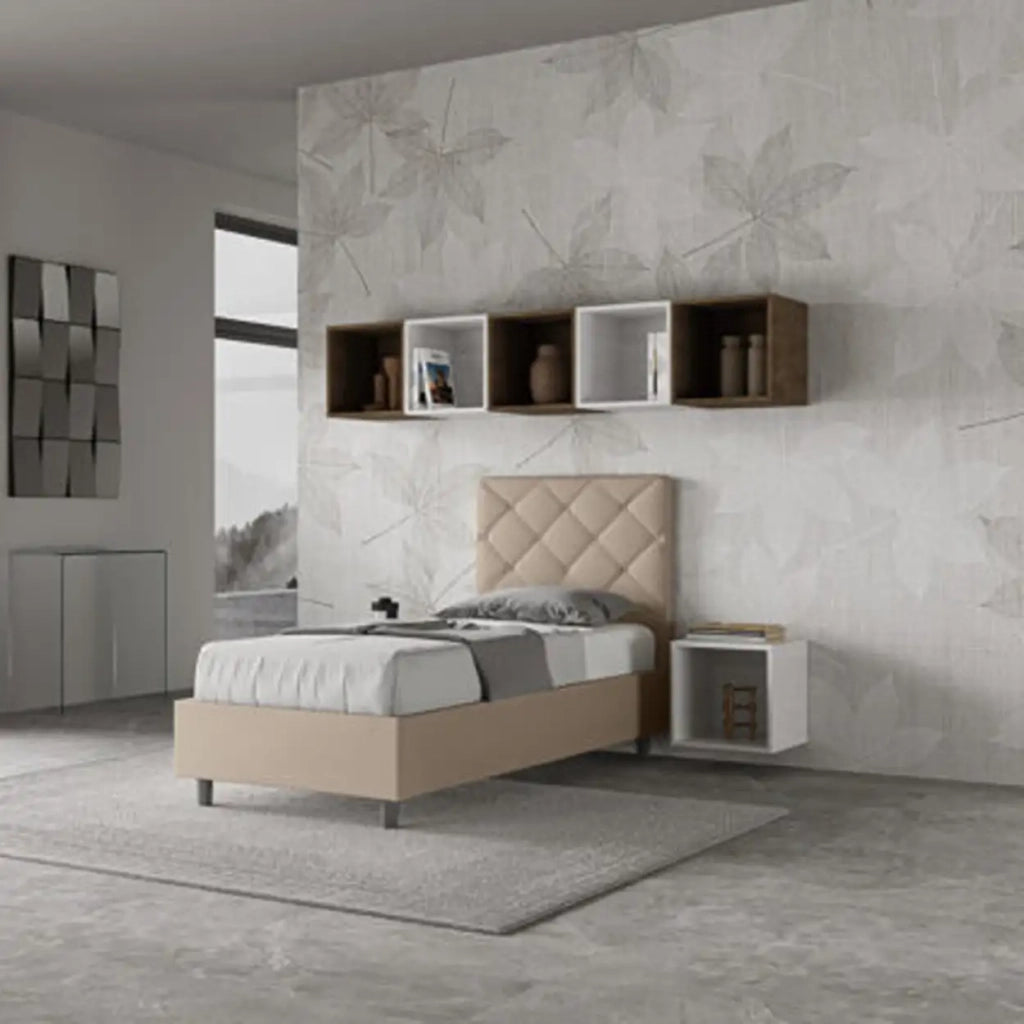 Letto singolo con rete imbottito 80x210 similpelle tortora Priya