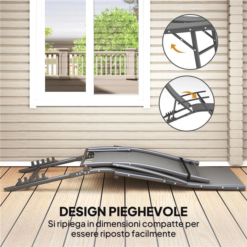 SET 2 SDRAIO DA GIARDINO PIEGHEVOLI CON SCHIENALE REGOLABILE SU 4 LIVELLI E CUSCINO GRIGIO