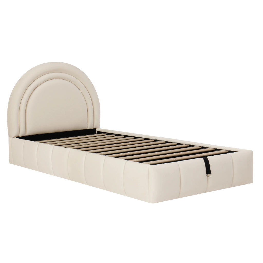 Letto contenitore per bambini 90×200 cm; letto singolo con apertura idraulica e testiera imbottita; senza materasso; beige