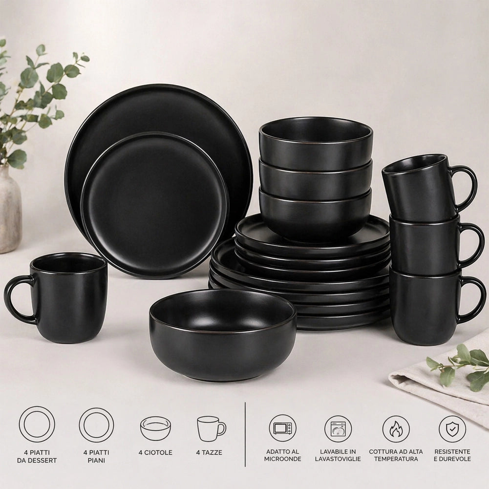 Servizio Piatti da 16 Pezzi Nero per 4 Persone in Gres Smaltato Design Moderno