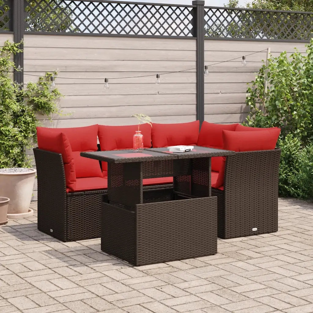 Set Divano da Giardino 5 pz Cuscini Marrone Polyrattan e Acacia 3326155