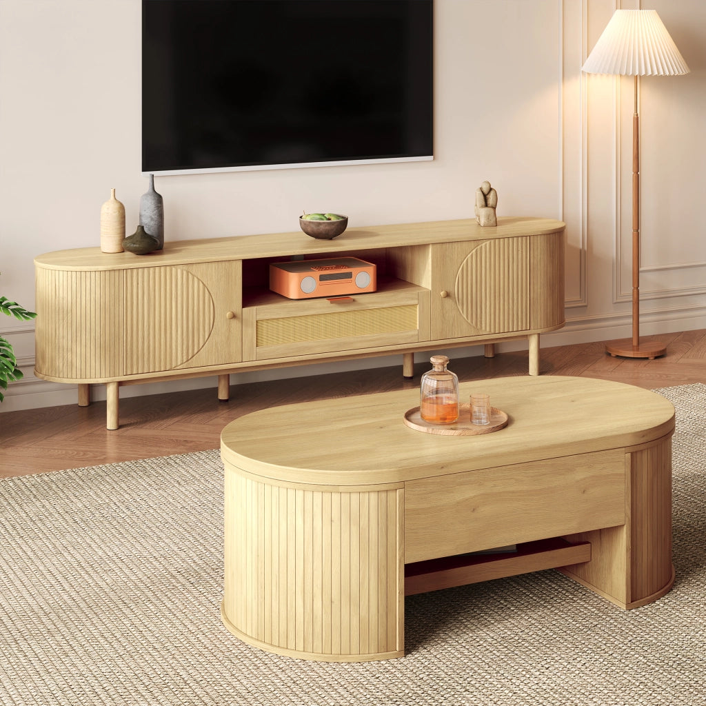 OKWISH Set 2 Mobili da Soggiorno con Tavolino Alzabile e Mobile TV, Vani Contenitivi e Passacavi, MDF Naturale