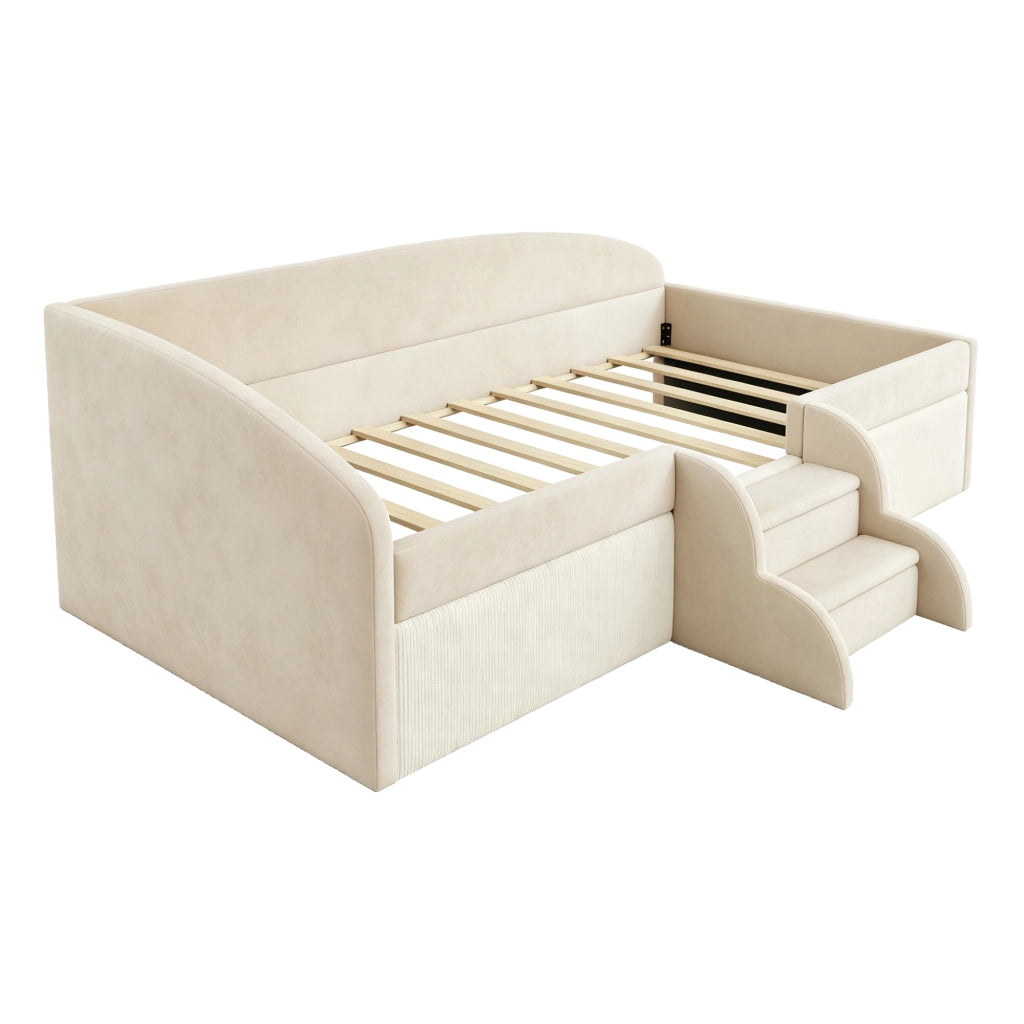 LETTO per bambini 90x190 cm in velluto beige con scale e sponde